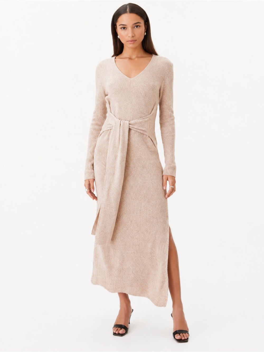 Toccin Wool Cashmere Tie Waist Knit Midi Dress Beige Small